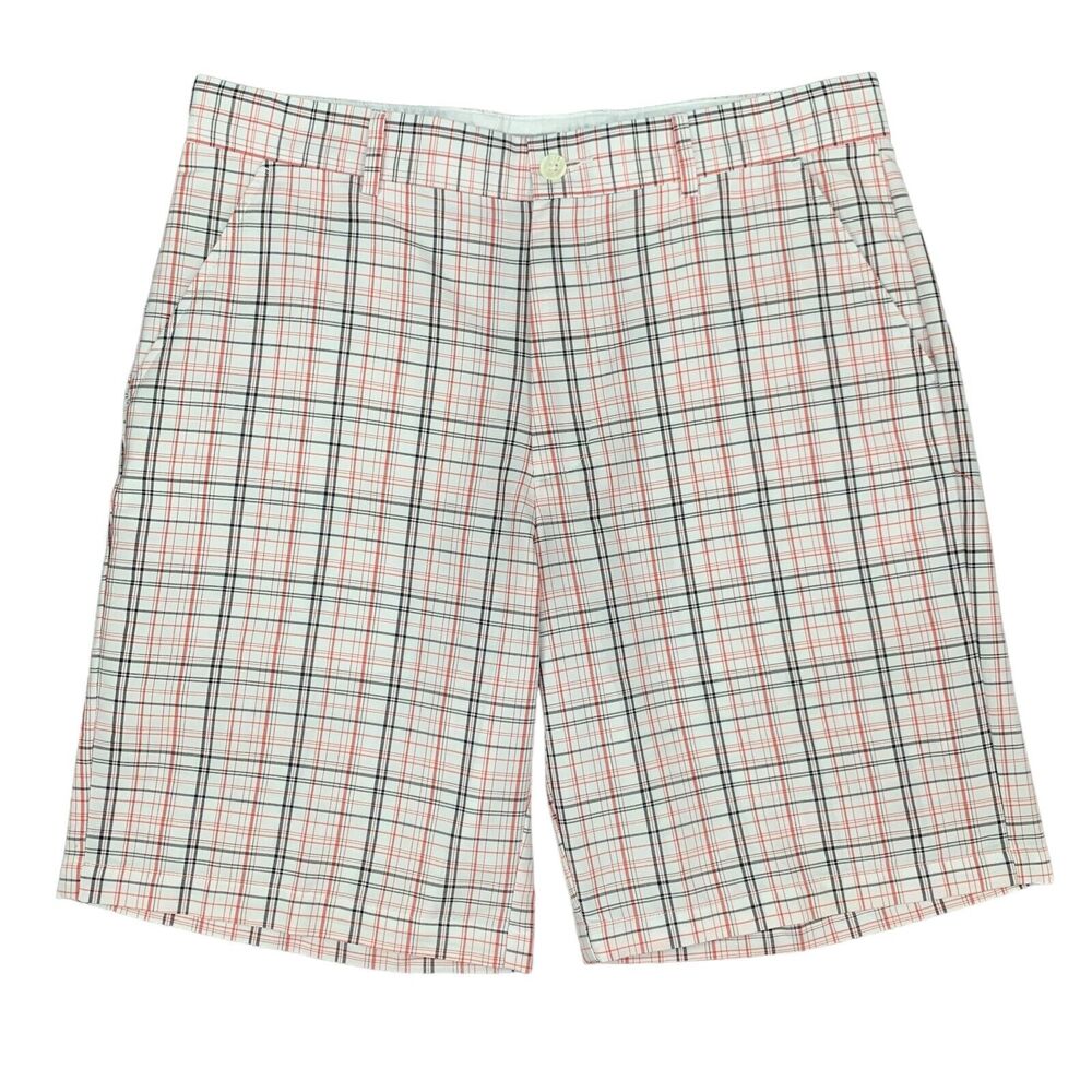 Greg Norman Golf Short Mens 34 White Plaid Flat Front Cotton Blend Travel Chino